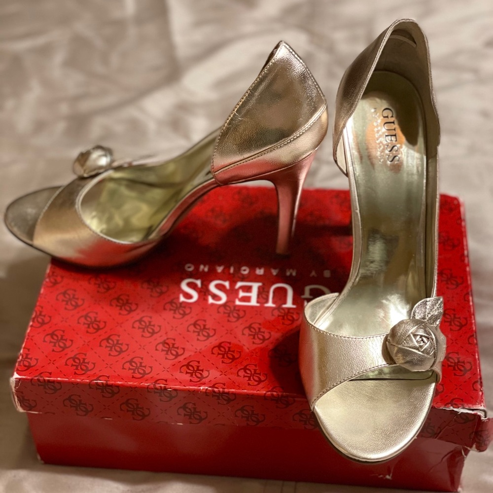 Pale gold open toe heels